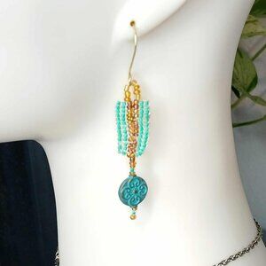 Boho Chic Seed Bead Dangle Earrings, Hammered Earrings, Statement Jewelry 3.25"